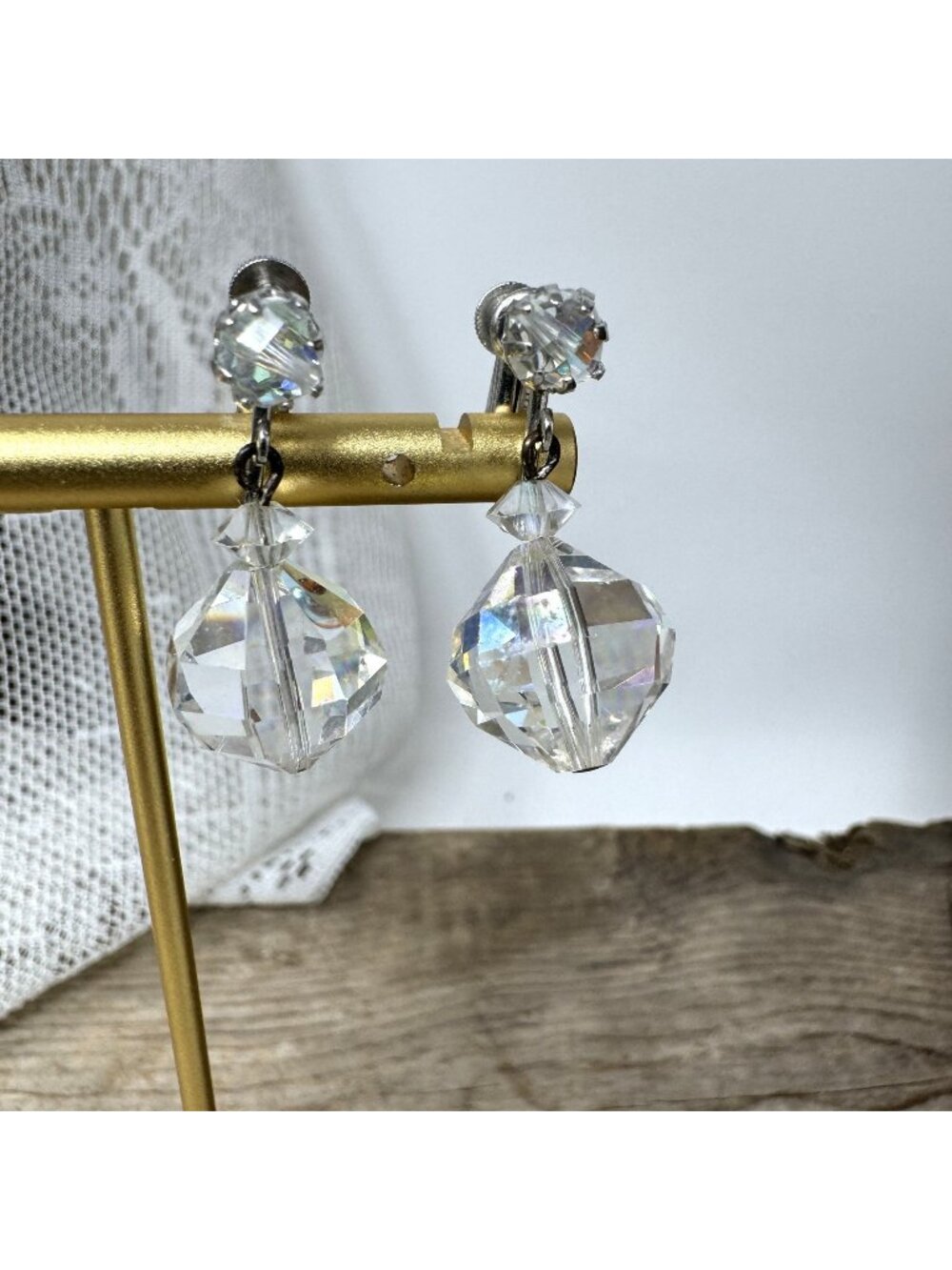 Vintage Laguna Crystal Aurora Borealis Clip-On Earrings With Faceted Beads Dangl